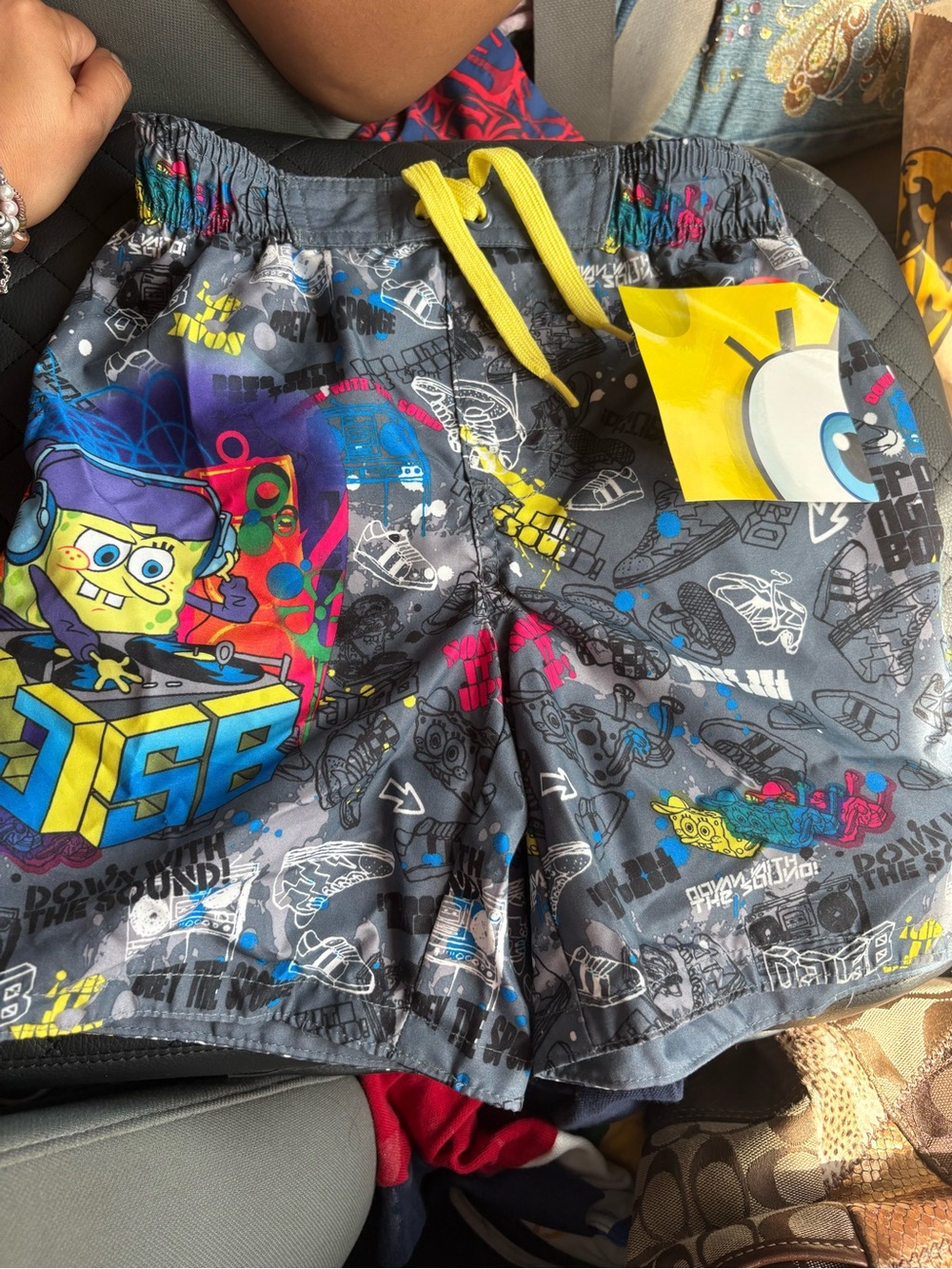 SpongeBob SquarePants Kids' Gray Graphic Swim Shorts with Yellow Drawstring
